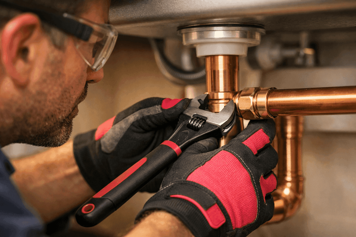 Close-up of plumber’s gloved hands tightening copper pipe fitting under kitchen sink
